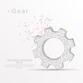 Gear digitally drawn low poly wire frame on white background.