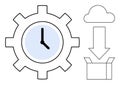 Gear with Clock, Cloud Download Arrow, and Box Representing Time Management and Data Integration Royalty Free Stock Photo