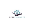 Gear with engineer icon vector logo. Industrial theme worker man in wheel vector logo icon. Royalty Free Stock Photo