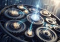 Gear features digital elements like neural network patterns and currency Royalty Free Stock Photo
