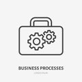 Gear flat line icon. Vector thin sign of cogwheel and suitcase, development concept, business process logo. Strategy