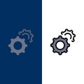 Gear, Gears, Setting  Icons. Flat and Line Filled Icon Set Vector Blue Background Royalty Free Stock Photo
