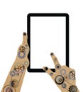 Gear hand holding blank tablet.