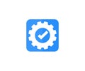 Gear icon with check mark as completed update settings. Cog wheel checkmark as setup executed change graphic pictogram. Royalty Free Stock Photo