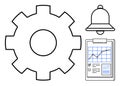 Gear Icon with Notification Bell and Analytics Chart Clipboard Workflow, Productivity, and Data Management Royalty Free Stock Photo