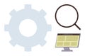 Gear, Magnifying Glass, and Computer Screen Representing Process Optimization and Search Royalty Free Stock Photo