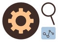 Gear, Magnifying Glass, and Analytics Icon Representing Optimization and Data Analysis Royalty Free Stock Photo