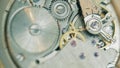 A gear and a mainspring are moving in a watch mechanism