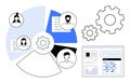 Team Collaboration with Gear and Pie Chart Representing Workflow and Data Sharing Royalty Free Stock Photo