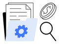 Financial document management with magnifying glass, gear icon, and coin representing analysis and optimization Royalty Free Stock Photo