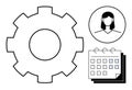 Gear with Woman Avatar and Calendar Representing Workflow, Scheduling, and Team Collaboration Royalty Free Stock Photo