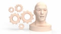 The wood head bust and gear group for business or technology concept 3d rendering