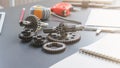 The gear set is placed on the workbench of a team of factory mechanical engineers to study and design the working system of the Royalty Free Stock Photo
