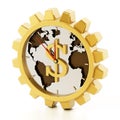 Gear shaped clock with dollar sign. Earth map at the center. 3D illustration