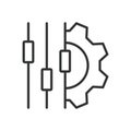 Gear and sliders, icon in line design. Gear, sliders, settings, control, adjustment, configuration, tuning on white