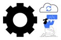 Gear Symbol with Cloud Sync and Programmer Working on Code in a Minimalist Design Royalty Free Stock Photo