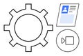 Gear symbol with user profile card and video play button digital workflow and media management Royalty Free Stock Photo