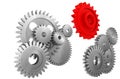 Gear system connection background on red - 3d rendering Royalty Free Stock Photo