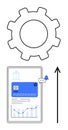 Gear and Tablet Symbolizing Technology and Data Growth with Upward Progress Arrow