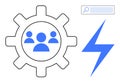 Team Collaboration Icon Inside Gear with Search Bar and Lightning Bolt Elements Royalty Free Stock Photo
