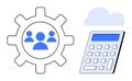 Team Collaboration Concept with Gear, Cloud, and Digital Calculator Icons Royalty Free Stock Photo