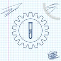 Gear and test tube line sketch icon isolated on white background. Chemical industry concept. Cogwheel and flask sign