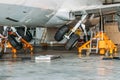 Gear up gear down chassis in the hangar after aircraft repair. Royalty Free Stock Photo