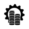 Gear wheel with round metal money and piles, stacks of metal coins, symbol of economy growth, wealth, treasure,