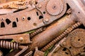 Gear wheels and sprockets closeup. rusty parts of old machines.