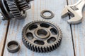 Gear wheels on a wooden table Royalty Free Stock Photo