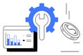 Gear with Wrench, Bar Graph, and Coin Representing Financial Data and Process Optimization Royalty Free Stock Photo