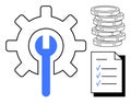Gear with Wrench, Checklist, and Coins Representing System Repair, Task Management, and Financial Planning Royalty Free Stock Photo