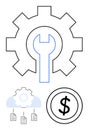 Gear, Wrench, Cloud Storage, and Dollar Sign Representing Technology, Maintenance, and Cost Efficiency Royalty Free Stock Photo