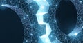 Gears. Abstract vector wireframe two gear 3d modern illustration on blue background.