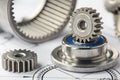 Gears, bearings and mechanism parts.Elements of mechanical blocksand construction Royalty Free Stock Photo