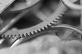 Gears black-and-white. Industrial background. The concept of technology, time, teamwork, infinity, business projects Royalty Free Stock Photo