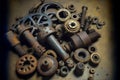 Gears, bolts and cogs macro, rusted background Royalty Free Stock Photo