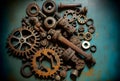 Gears, bolts and cogs macro, rusted background Royalty Free Stock Photo