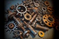 Gears, bolts and cogs macro, rusted background Royalty Free Stock Photo