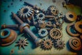 Gears, bolts and cogs macro, rusted background Royalty Free Stock Photo