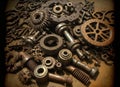 Gears, bolts and cogs macro, rusted background Royalty Free Stock Photo