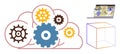 Cloud computing with gears, data security on laptop, and digital storage visualization cube Royalty Free Stock Photo
