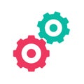 Gears cog wheel vector icon red green flat shape pictogram, mechanism system cogwheel simple editable graphic image