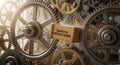 Gears and cogs illustrate smooth operations with a wooden box in a mechanical system Royalty Free Stock Photo