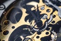 Gears and cogs inside clock. Close-up view on retro watches.