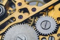 Gears and cogs inside clock. Close-up view on retro watches. Royalty Free Stock Photo