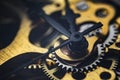 Gears and cogs inside clock. Close-up view on retro watches. Royalty Free Stock Photo