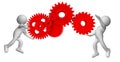 Gears cogs man character cartoon working teamwork enginge collaboration - 3d rendering Royalty Free Stock Photo