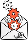 Gears in evelope as symbol of email setting. Software, maintenance, mailing via Internet technology