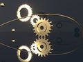 Gears, flying metal spheres and gold rings. Engine Mechanical Parts. Royalty Free Stock Photo